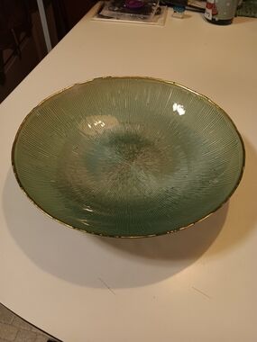 Green Textured Ceramic Serving Bowl with Gold Rim